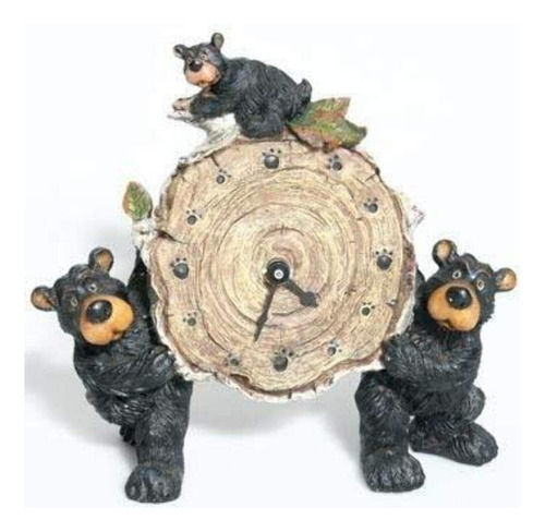 Willie Black Bear With Cub Holding A Birch Log Clock 8 