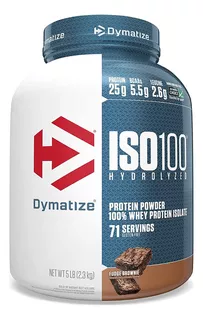 Suplemento en polvo Dymatize Whey ISO-100 proteína sabor fudge brownie en pote de 2.3kg