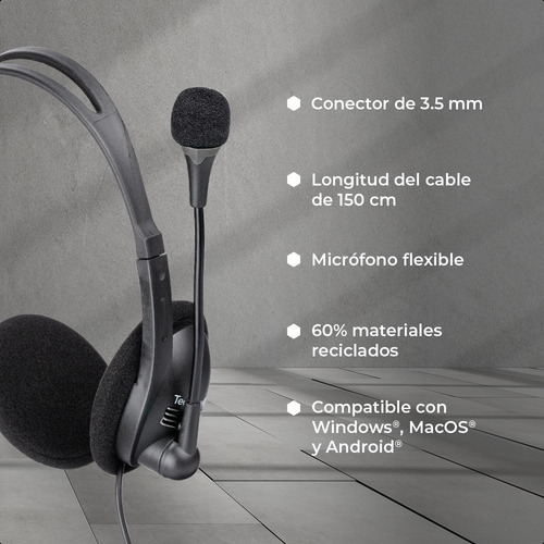Diadema Techzone Videoconferencia 3.5m 60% Material Reciclad Color Negro