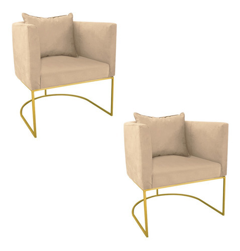 Kit 02 Poltronas Paola Suede Base Metálica Dourado - D'rossi Cor Bege