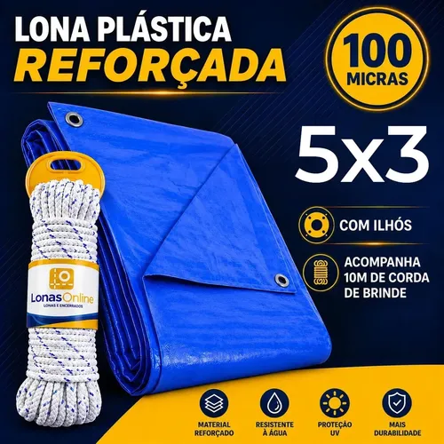 Lona Plástica Azul 5x3 Com Corda Impermeável Reforçada