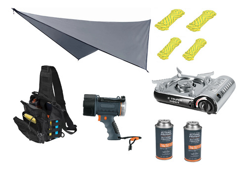 Kit Camping Senderismo Linterna, Parrilla, Lazo Lona Mochila