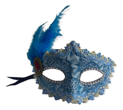 Máscara Carnavalesca Luxo Pena E Pedra Festa Fantasia Cor Azul