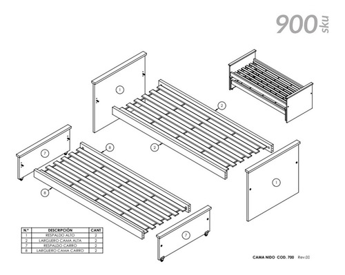 Imagen 8 de 8 de Cama Nido Con Carro Cama 1 Plaza Melamina Reforzada 900+