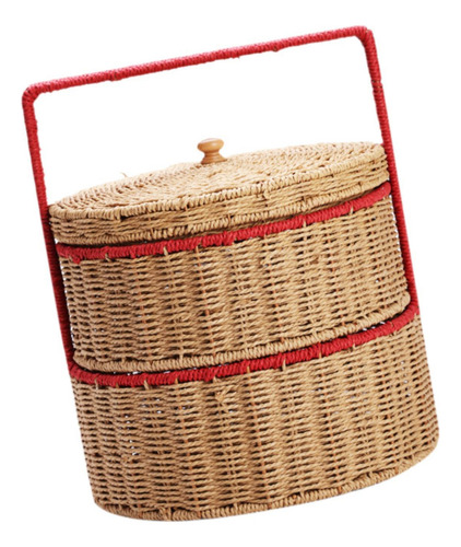 Canasta Tejida A Mano Con Mango Cesta De Picnic Doble Capa