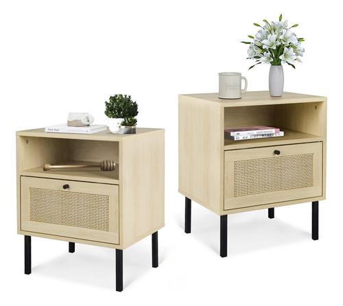 Awqm Rattan End Table Set Of 2, Nightstand With Open Storag.