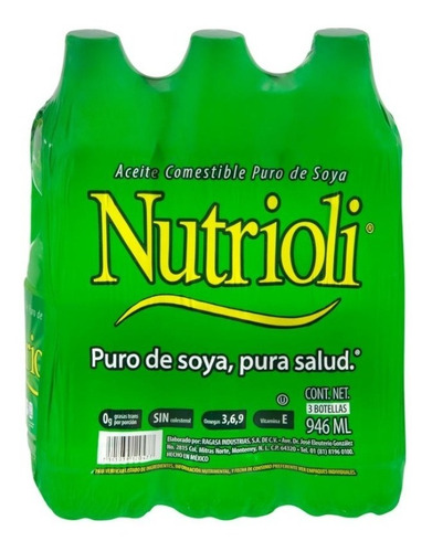 Aceite Comestible Puro De Soya Nutrioli Con 3 Pzas De 946 Ml