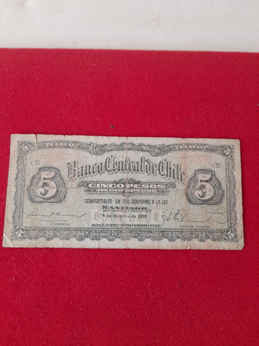 Billete Chileno Fechado 5 Pesos 8 De Octubre 1928