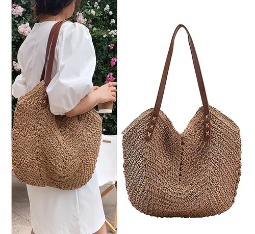 Bolsa De Playa Casual De Paja Hacha A Mano Para Mujer Cuotas
