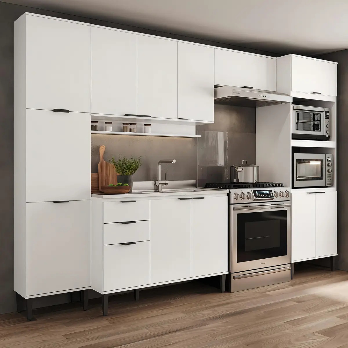 Armário De Cozinha Completa com Balcão 5 peças 320Cm Miami Pulse Carraro Branco
