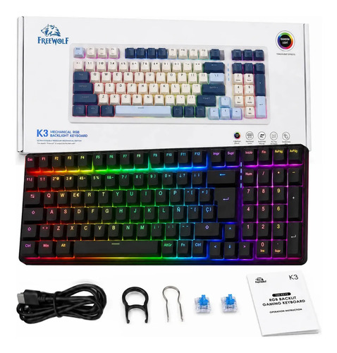 Teclado Mecánico Gamer Español con Ñ 100 Teclas RGB Hot Swap Free Wolf K3 Teclado USB Switch Verde Clicky Teclado Alambrico para Gaming y Escritura, Negro