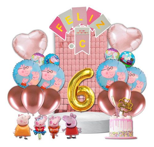 Combo Globos Cortina Banderin Familia Pig Cumple 14 Art