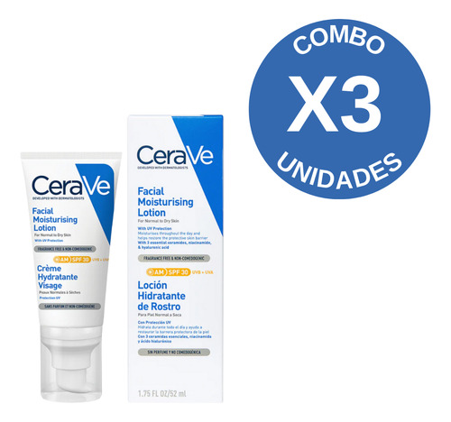 Combo X3 Cerave Loción Hidratante Para Rostro Con Fps30 52ml