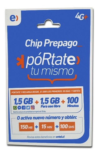 Chip Prepago Entel 150mb+15min+100sms