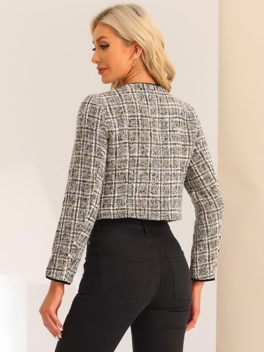 Chaqueta De Tweed Mujer Abrigo Informal Con Cuello Redondo