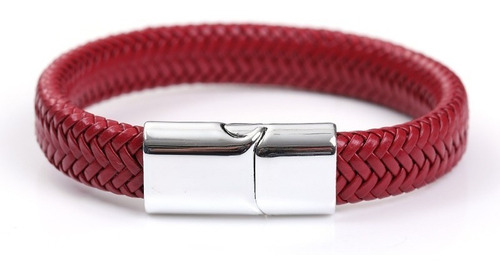 Pulsera Brazalete Cuero Trenzado Rojo Cierre Magnético