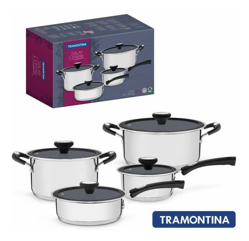 Imagem 1 de 10 de Jogo Panelas Inox Tramontina Solar 4 Pc Com Revest. Cerâmico