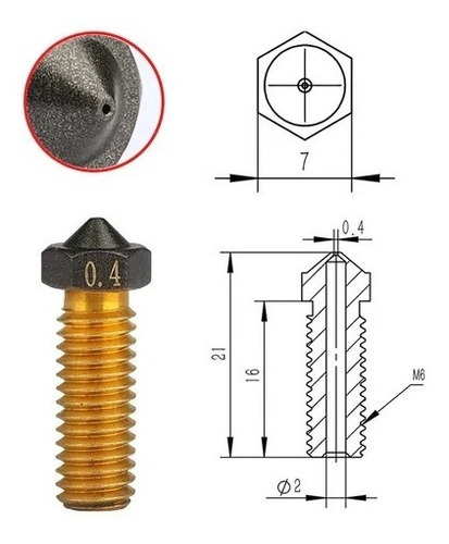 Imagen 2 de 2 de Pico Nozzle Bronce Teflonado E3d Volcano Impresion 3d