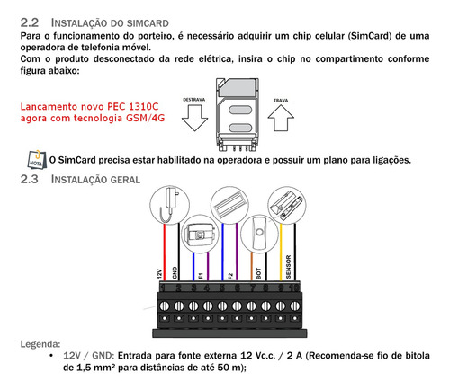 Porteiro S/ Fio Via Celular Gsm/4g Pec 1310c C/ Fonte 20 Tag
