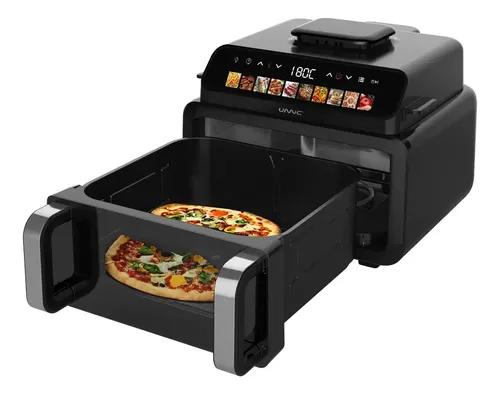 Freidora De Aire Sin Aceite Pantalla Digital Unnic Air Fryer Con Parrilla Grill Doble Compartimiento Horno Pizzero Pollo 11 Litros Con 10 Programas Preestablecidos 2100 W Saludable Rápida Negro