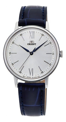 Reloj Orient Cuero Azul Sumergible Clasico Mujer Ra-qc1705s Malla Plateado Bisel Plateado Fondo Blanco