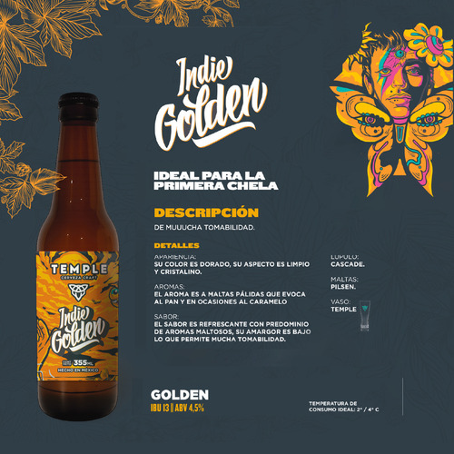 Pack Cerveza Artesanal 12u Botellas Temple Indie Golden 355ml - Caja Mayoreo Vidrio Refrescante Lúpulo Cascade Malta Pilsen Espuma Cristalino Aromas Caramelo Amargor Bajo IBU 12 / ABV 4.5%