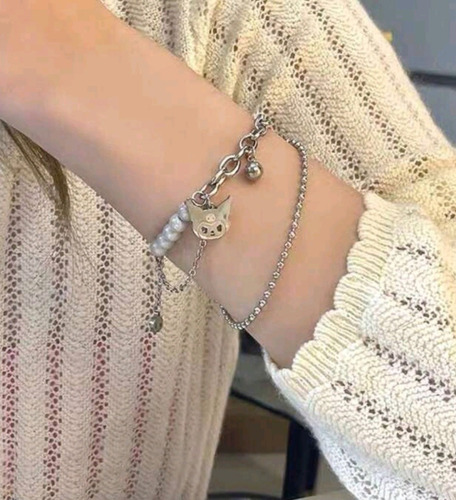 V Pulsera Kuromi Acero Inoxidable Perlas Acero Reflectantes