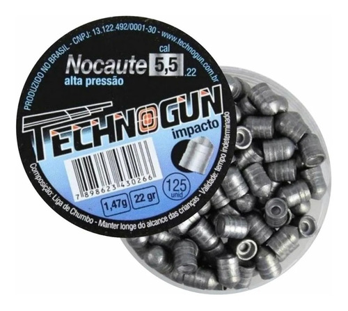 Chumbinho Technogun Nocaute Impacto 5,5mm C/ 125 Unid Cal.22