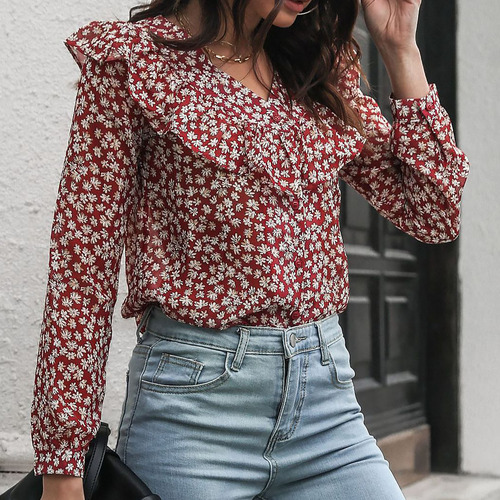 Camisa Holgada De Manga Larga Con Cuello En V Y Estampado Fl