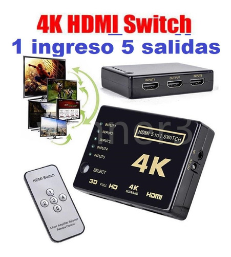 Switch Splitter Hdmi 5 Puertos 4k Hd 3d Laptop Bluray Ps4