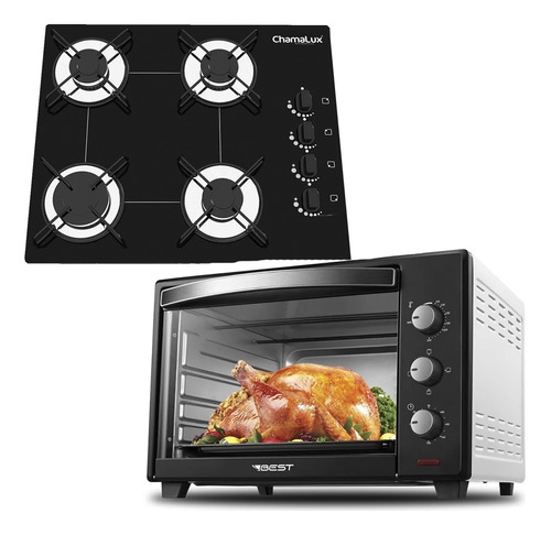 Fogão Cooktop 4 Bocas Preto + Forno De Eletrico 48 Litros