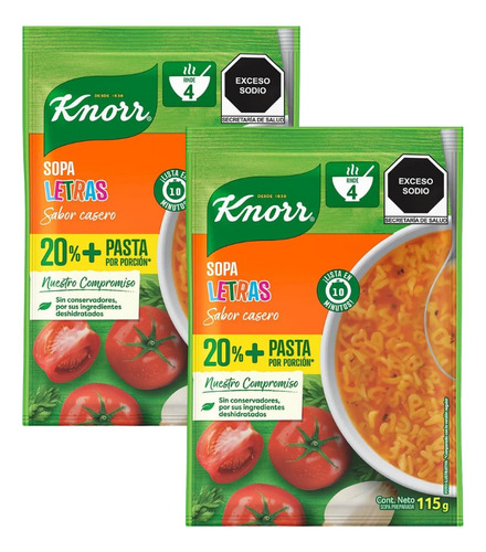 2 Sobres Sopa Instantánea Knorr Pasta Letras 115g