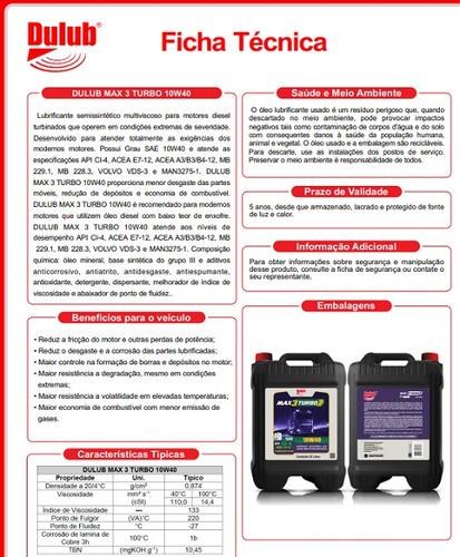 Óleo Semi Sintético Diesel Dulub Max 3 Turbo 10w40 Ci4 - 20l