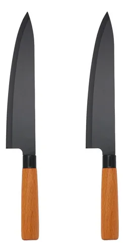 2 Faca Chef Aço Inox 33cm 8 Churrasco Cozinha Cabo Madeira Cor Preto