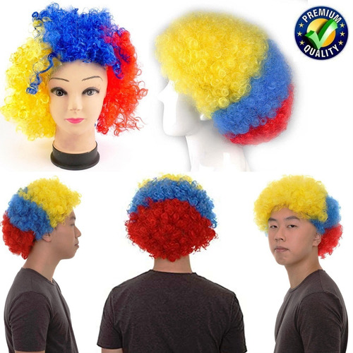 Peluca De Afro Color Amarillo Azul Y Rojo Hinchas Fanaticada