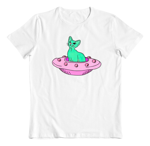 Polera Blanca Algodon Dtf Gato Alienigena Ovni Nave Espacial