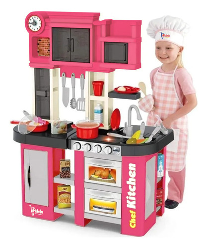 Cocina Cocinita Infantil Luz, Sonido Y Agua 58 Piezas Color Rosa