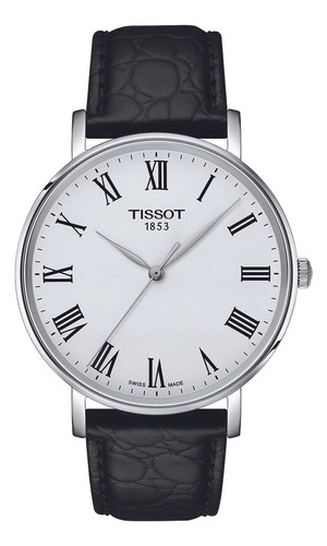 Reloj Hombre Tissot T143.410.16.033.00 Everytime Correa Color Negro Bisel Plateado Y Fondo Blanco