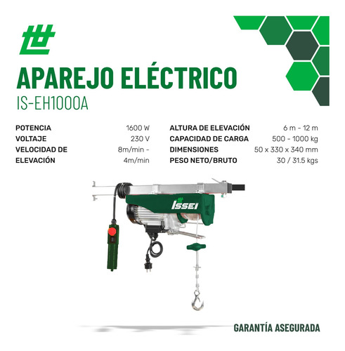 Aparejo Electrico Issei 1000kg 12mt Malacate Monta Carga