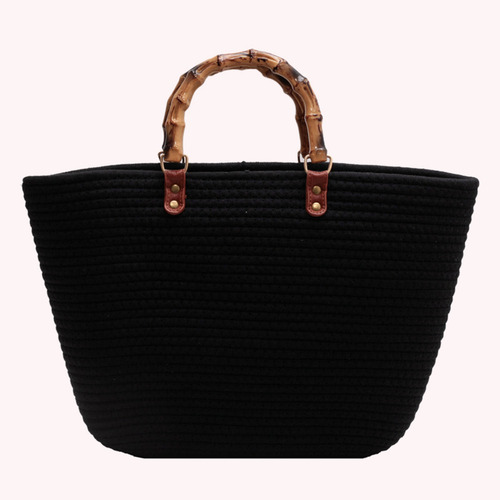 Bolsos De Playa De Moda Con Mango De Bambú, Algodón Tejido A