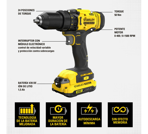 Taladro Atornillador 20v Inalámbrico Stanley Scd700c2k-b3