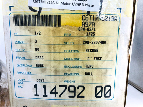 New Leeson 114792.00 Quipp C6t17nc219a Ac Motor 1/2hp 3- Bbt