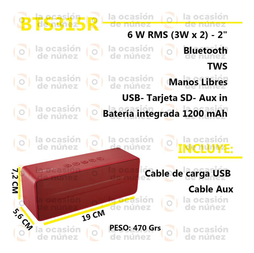 Parlante Smartlife Bluetooth Portatil 6w Rms Aux In Bts315