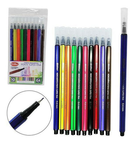 Kit Canetas Ponta Super Fina 0,4mm Hidrográfica Com 10 Cores Tinta Colorida