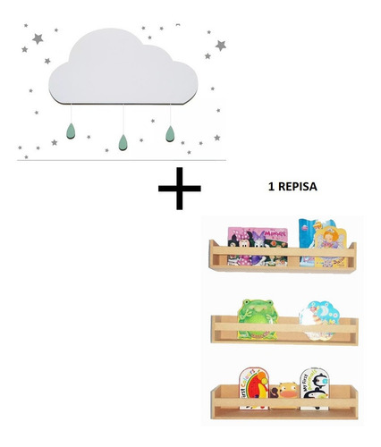 Set Velador Infantil Nube + 1 Repisa 50 Cm Habitación Niño