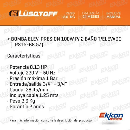 Imagen 2 de 8 de Bomba Presurizadora Lusqtoff Elevadora Presión Agua 2 Baños