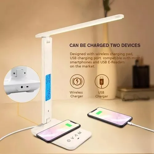 Lámpara Escritorio Táctil Plegable Led Hora Temperatura Estructura Blanco