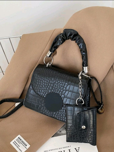 Cartera Mini Bag Croco Mujer Importada Con Monedero Negro Croco Plateado