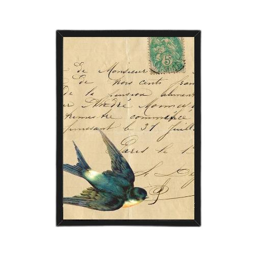 Quadro Vintage Andorinha Carta Antiga 45x34cm Vidro - Preta