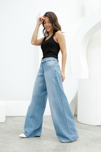 Pantalón Baggy De Jean Rígido Tiro Medio - Oriental